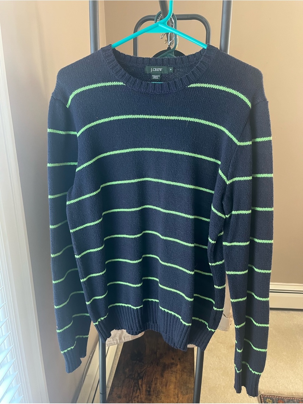 J Crew 100% cotton crewneck shaker sweater blue green stripe